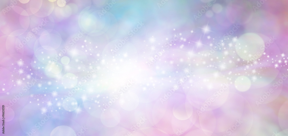 Pink and blue starry glitter feminine toned bokeh background banner - Wide pink and blue  sparkling glittery star speckled background with a whoosh of stars moving through the middle - obrazy, fototapety, plakaty 