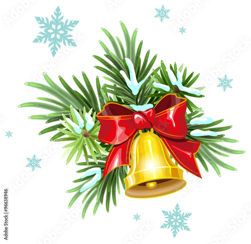 Fir branches, red ribbon and golden bell. Christmas Decoration