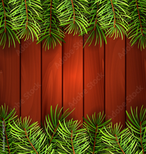 Holiday Wooden Background with Fir Branches