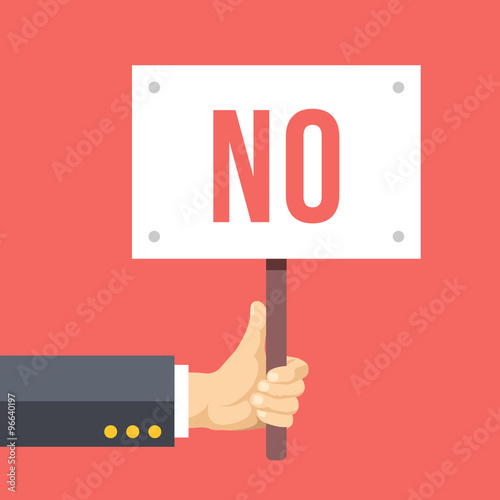 Hands holds sign with NO word. Social protest, negative reaction. Flat vector illustration