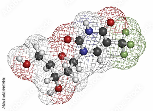 Trifluridine (trifluorothymidine, TFT) antiviral drug molecule.