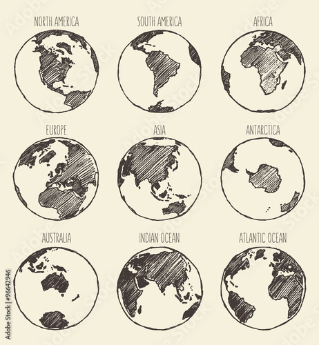Sketch globe America Africa Europe Asia Australia