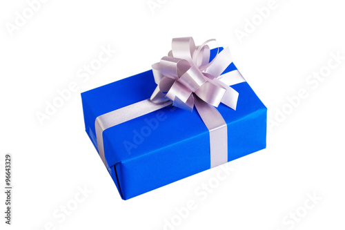 A gift wrapped in blue box with silver ribbon and bow. the most beautiful gift isolated on white background
