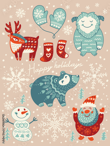 Happy holidays card. Christmas set with cartoon characters. Vector illustration