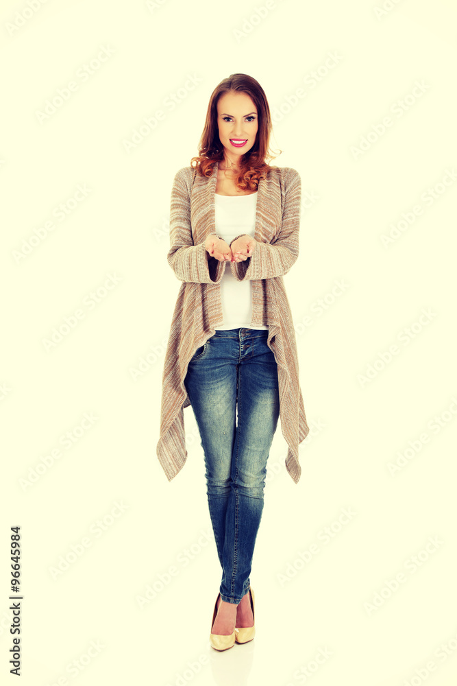 Beautiful woman showing empty hands Beautiful woman showing empty hands
