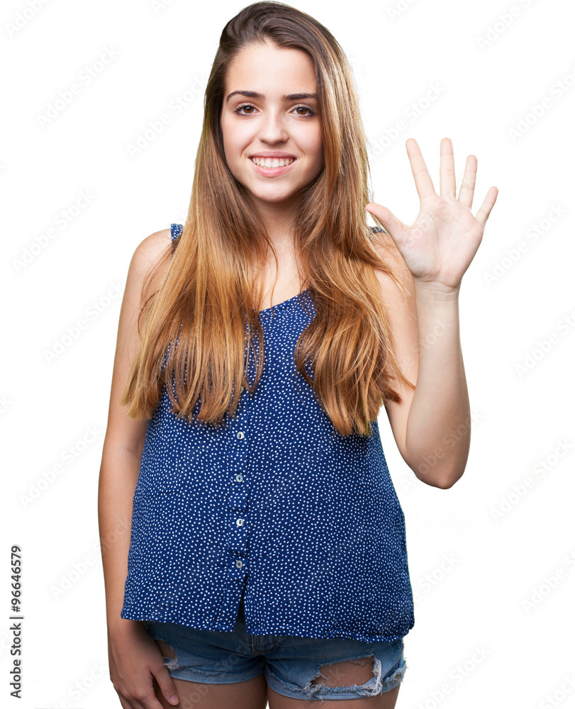 young pretty woman doing number five gesture young pretty woman doing number five gesture