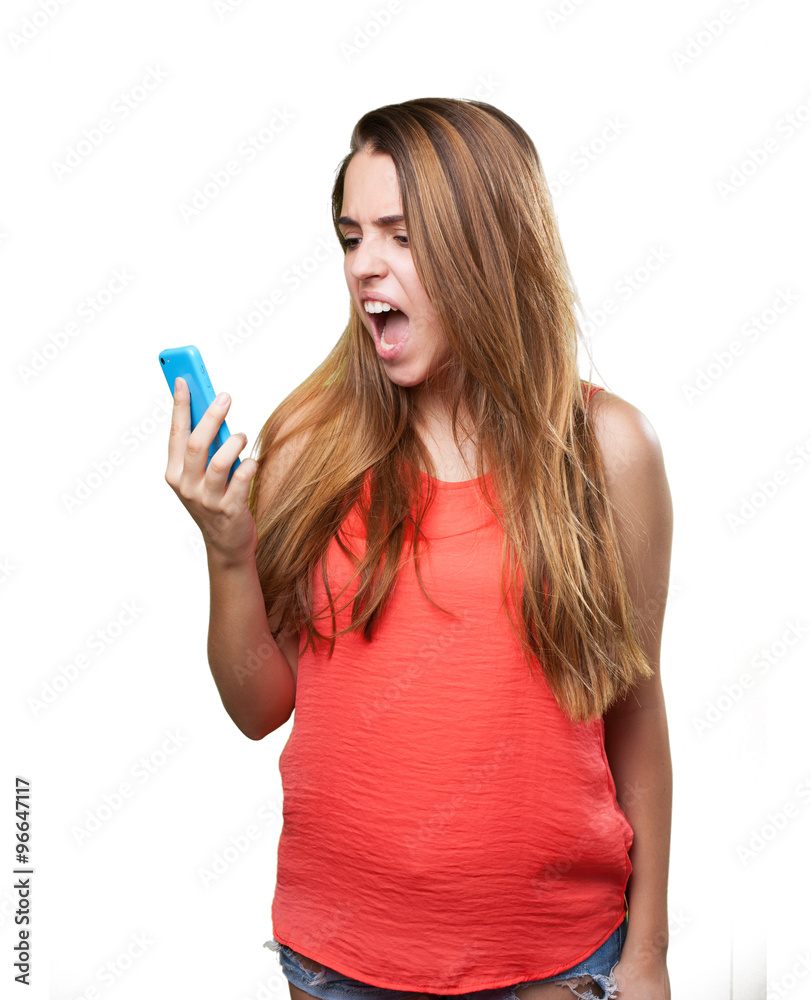 angry young woman shouting to mobile on white background angry young woman shouting to mobile on white background