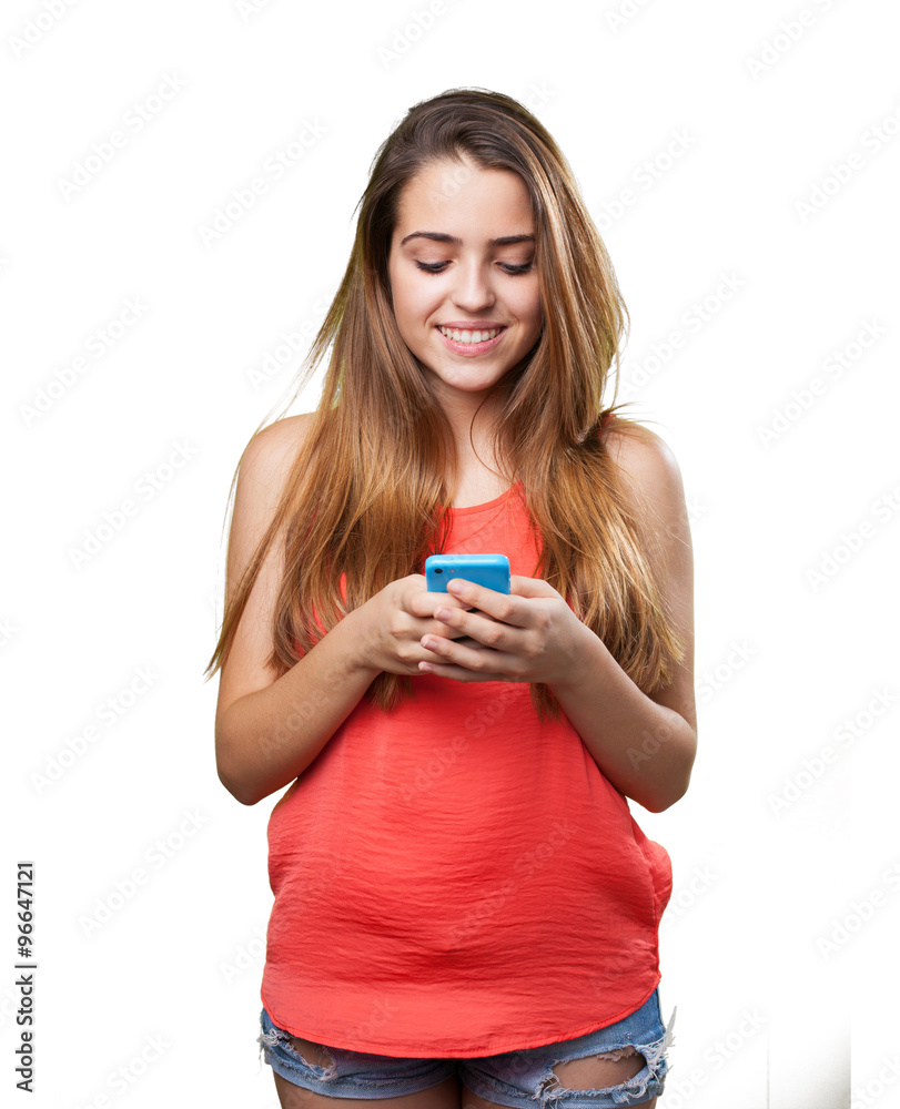 happy young cute woman typing a text on mobile on white happy young cute woman typing a text on mobile on white