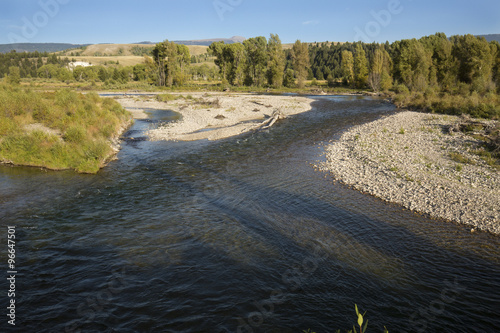 Fork in the Snake River  with gravel bars and willows on the banks  Teton National Park  Wyoming.