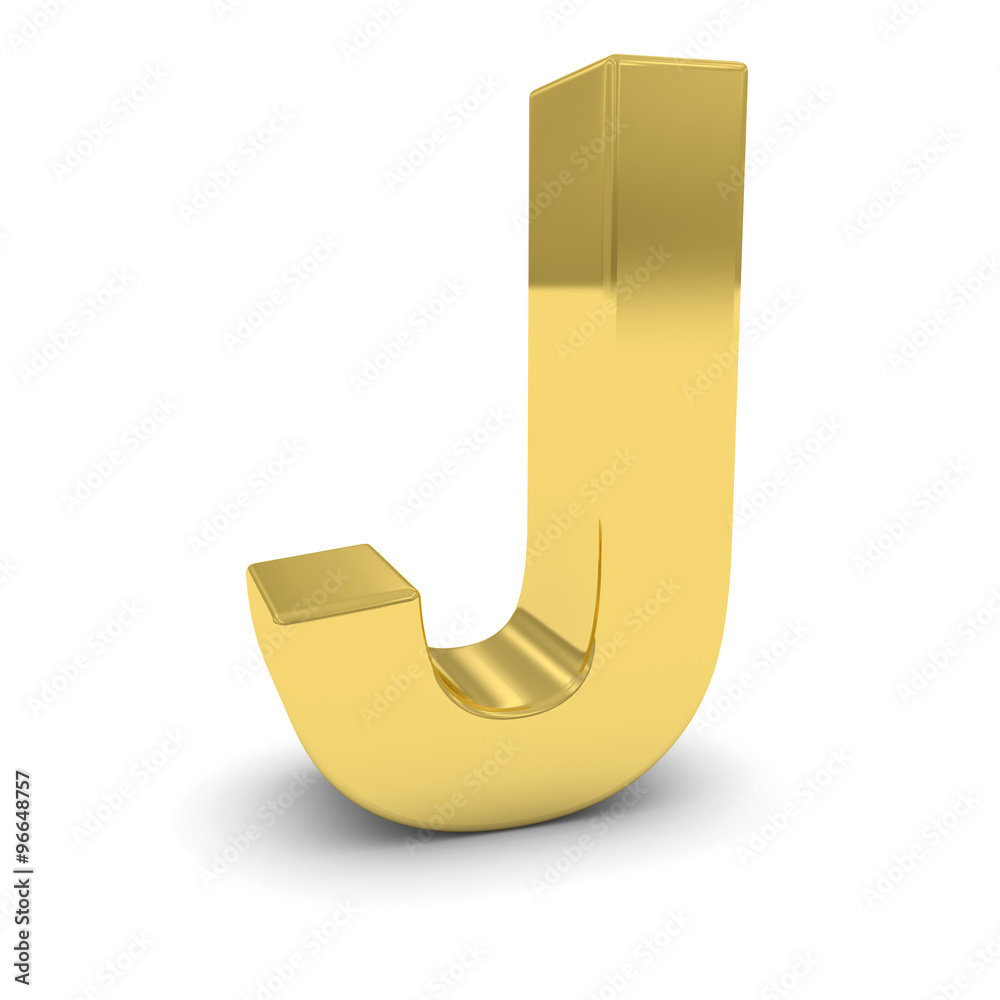 Gold 3D Uppercase Letter J Isolated on white with shadows