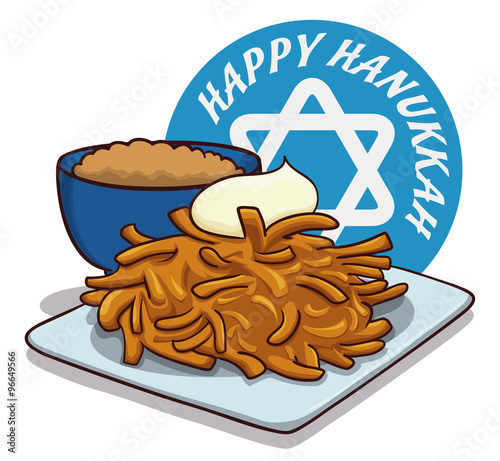 Delicious Latkes with Sour Cream and Apple Sauce, Vector Illustration