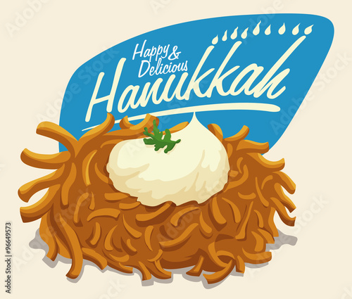 Latke with Sour Cream and Hanukkah Message, Vector Illustration