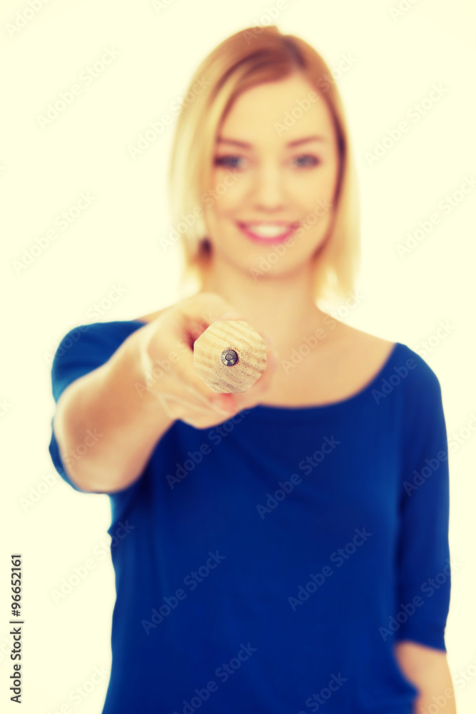 Woman pointing on you with pencil. Woman pointing on you with pencil.