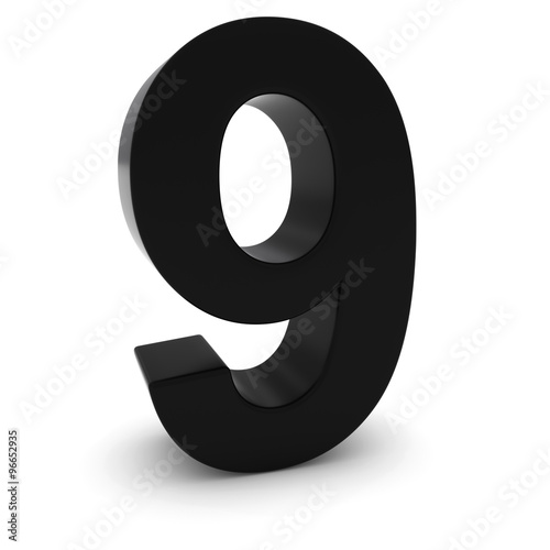 Black 3D Number Nine Isolated on white with shadows