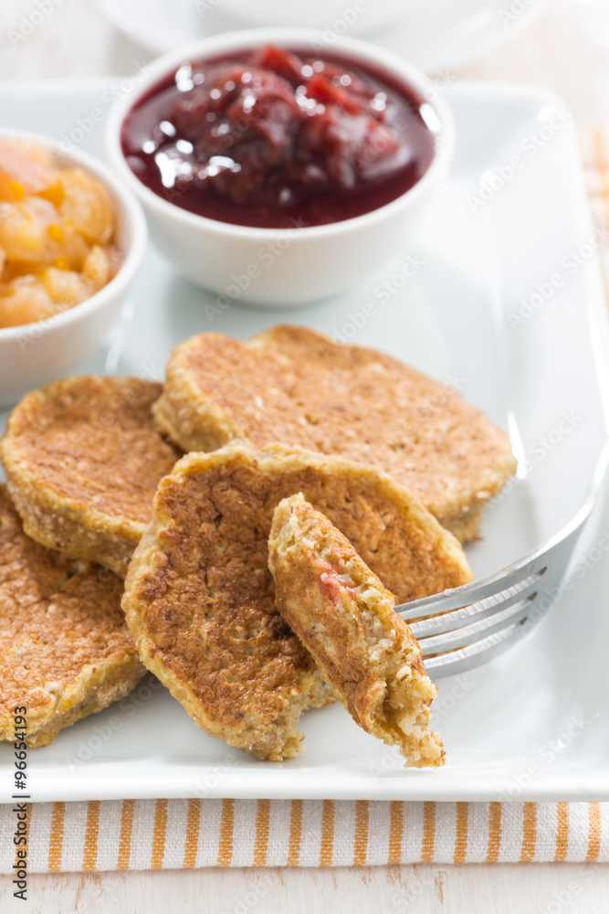 Breakfast with delicious pancakes and jams, vertical Breakfast with delicious pancakes and jams, vertical