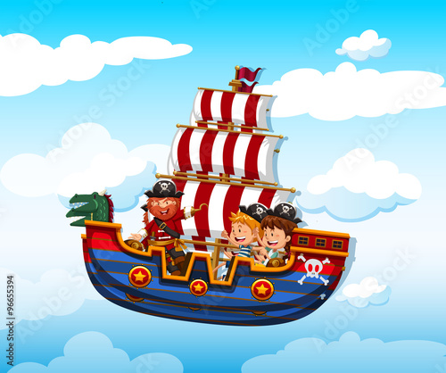 Boy and girl riding on viking with pirate
