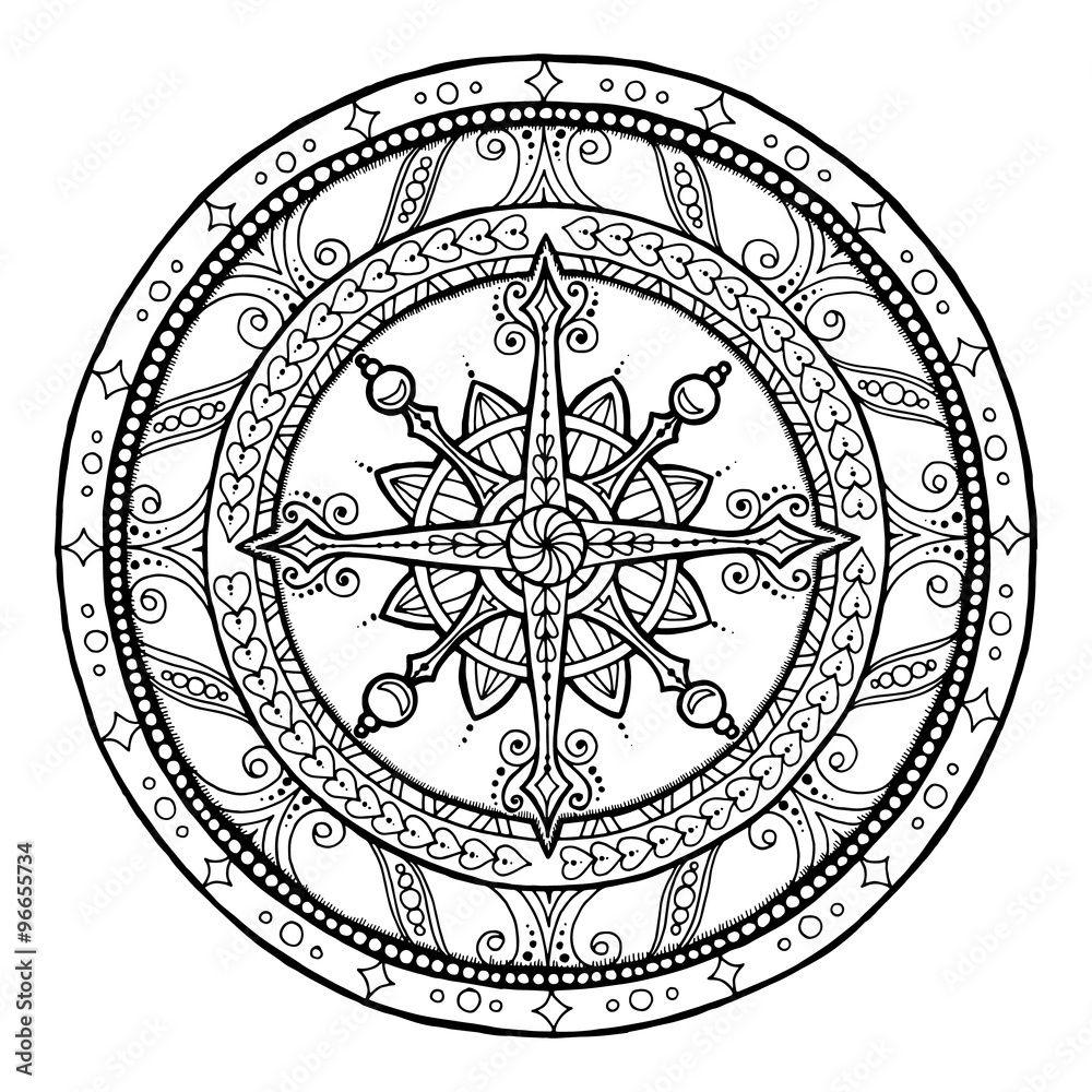 Doodle snowflake on ethnic christmas mandala.