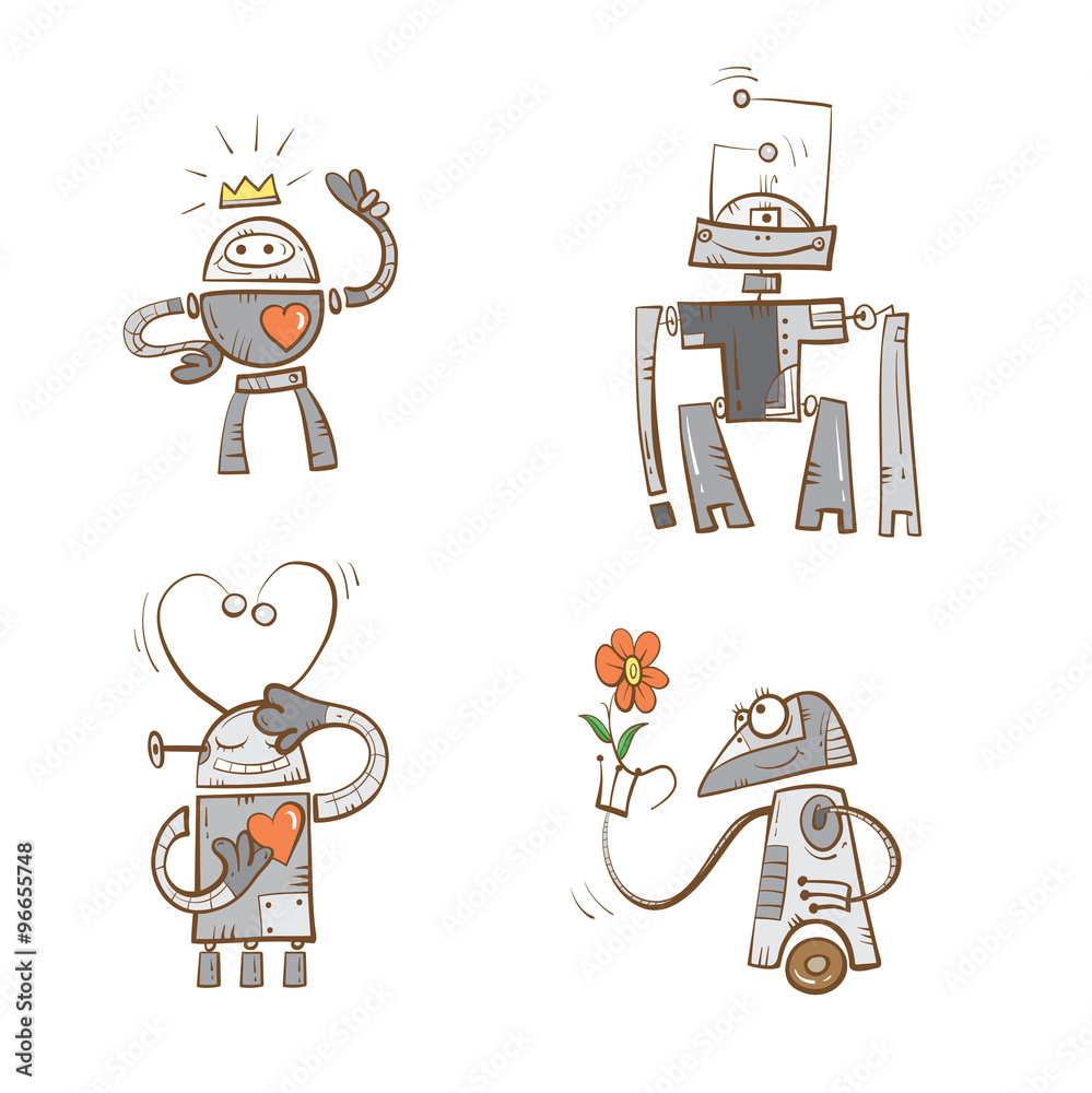 Cartoon robots set. Vector image. Doodle stile.