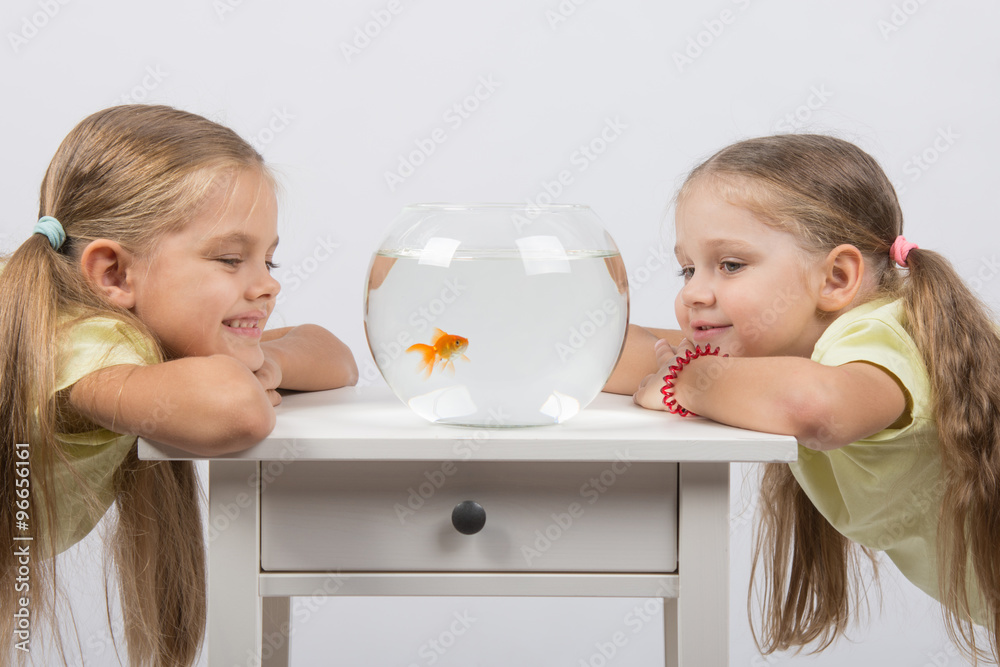 Two girls looking at a goldfish in a small fishbowl Two girls looking at a goldfish in a small fishbowl