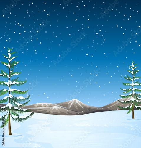 Nature scene with snow falling at night
