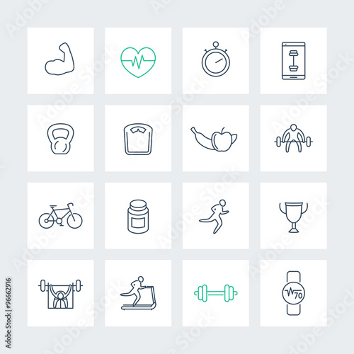 16 fitness, gym, training line icons set, vector illustration