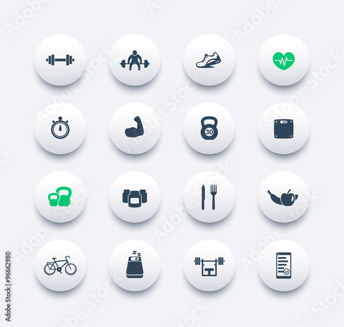 16 fitness, gym, workout, healthy living modern icons, vector illustration