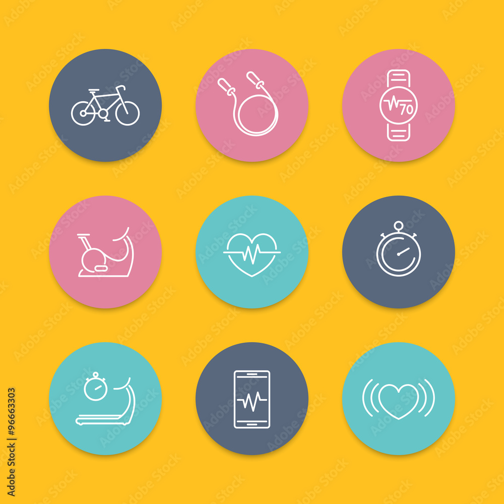 cardio, heart training, fitness, line round flat icons, vector illustration