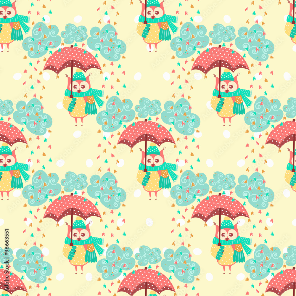 Obraz premium Seamless pattern with clouds and owls with an umbrella
