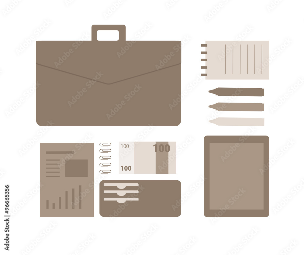 Conceptual illustration of a business person. Working on a digital tablet. Business tools, materials, documents and office elements in the workplace; on isolated background. Conceptual illustration of a business person. Working on a digital tablet. Business tools, materials, documents and office elements in the workplace; on isolated background.