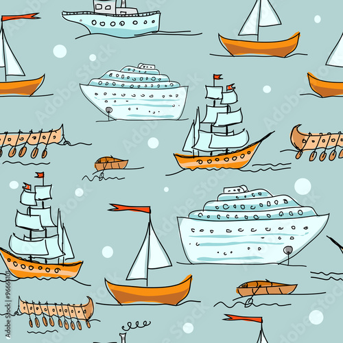 Photography Kids vector seamless pattern with ships, frigate and steamship