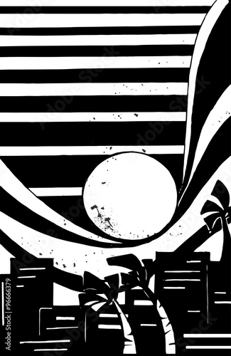 Tsunami wave. Black on white illustration