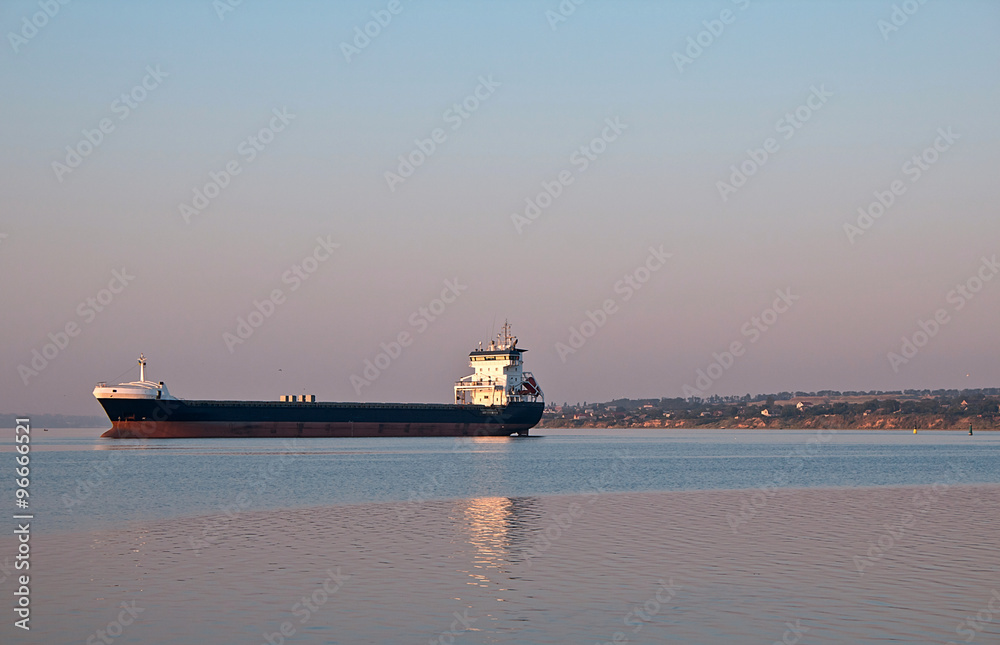 A large cargo ship (transporter) at sea (river), against morning sky.
