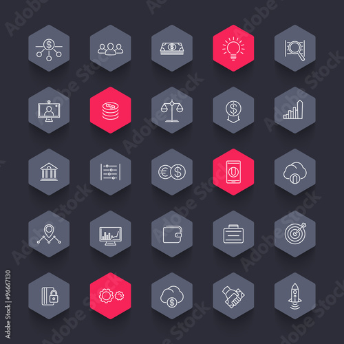 Venture capital, investments, startup, hedge fund, line hexagon icons pack, vector illustration