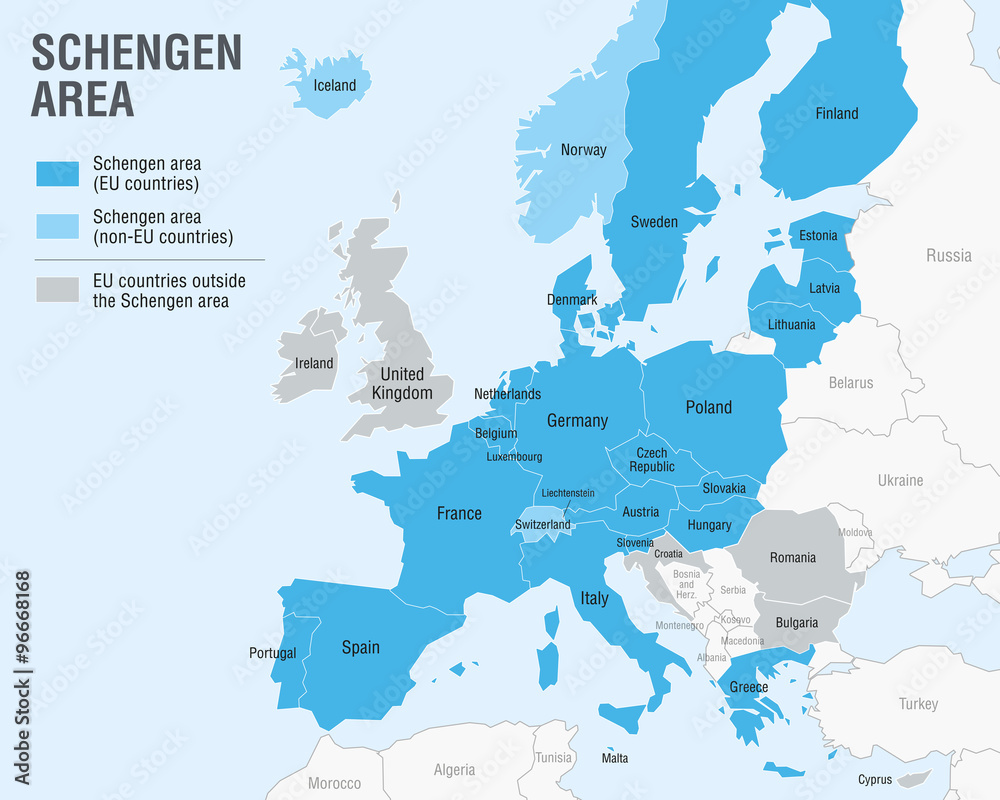 Fototapeta premium Map of the Schengen area (ENG/US)