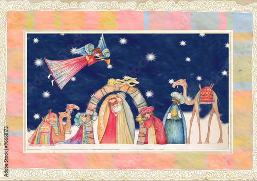 Christmas Nativity scene. Jesus, Mary, Joseph and Angels with tr