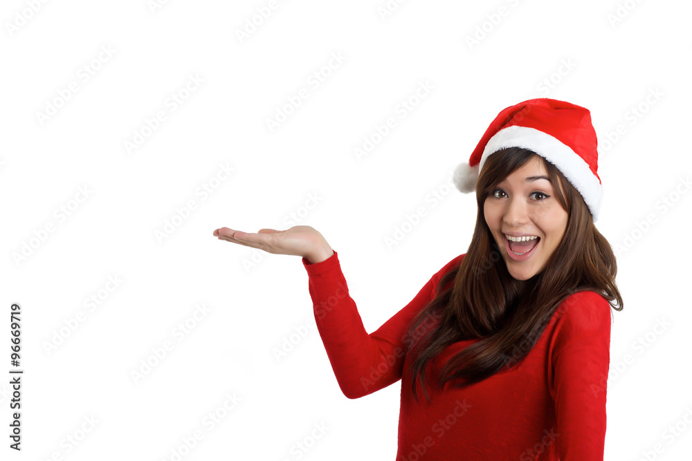 Santa Claus Christmas Woman holding product Santa Claus Christmas Woman holding product