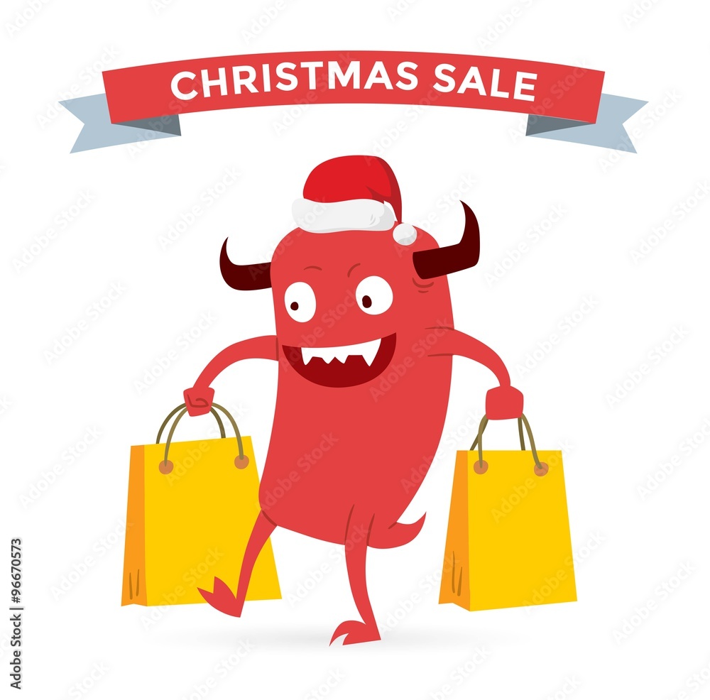 Naklejka premium Cartoon cute monsters Christmas sale shopping vector