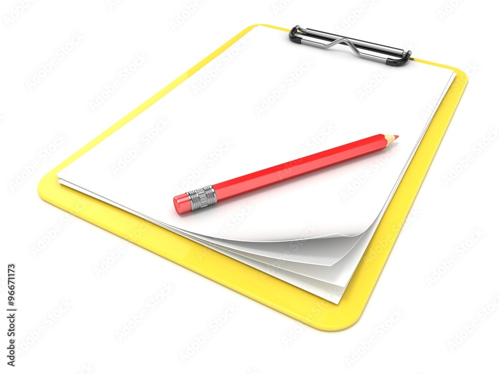 Yellow clipboard and blank paper. 3D render illustration isolated on white background Yellow clipboard and blank paper. 3D render illustration isolated on white background