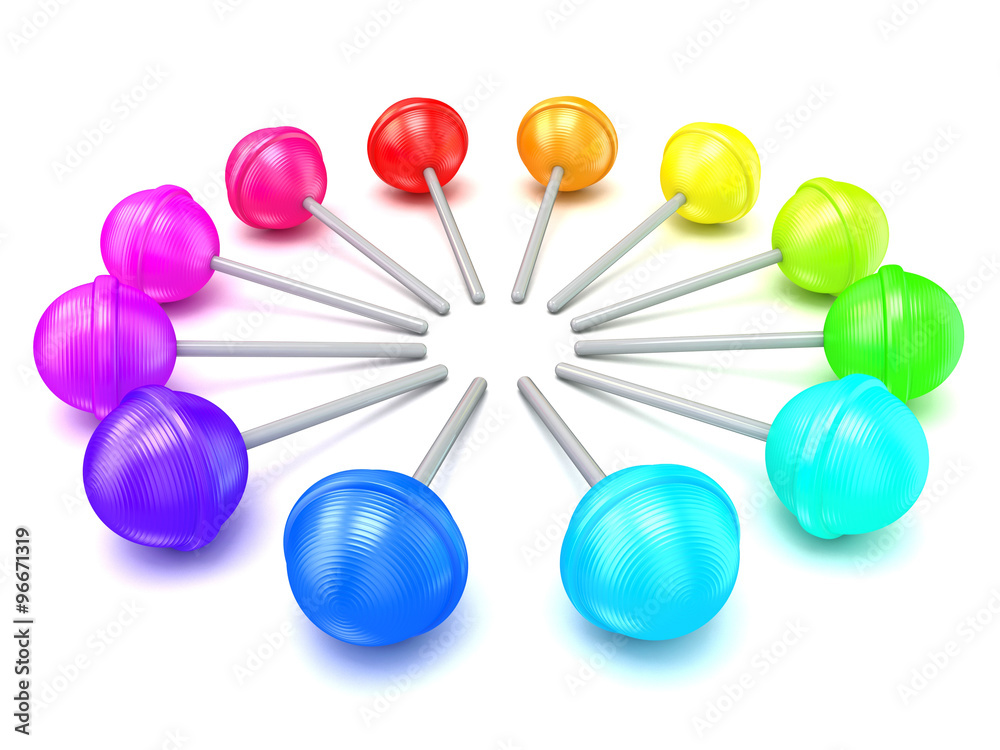 Obraz premium Colorful lollipops, circle arranged. 3D render illustration isolated on white background
