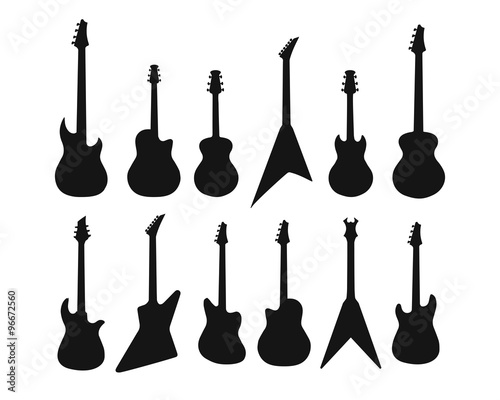 A set of silhouettes of various guitars. Bass , electric guitar , acoustic