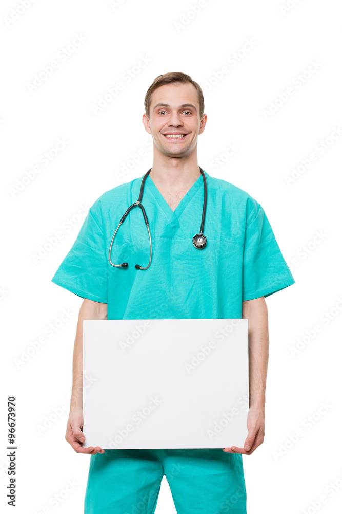 smiling doctor holding blank card isolated on white background smiling doctor holding blank card isolated on white background