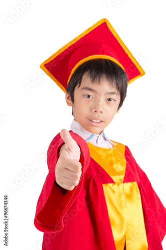 Cute Little Boy Wearing Red Gown Kid Graduation With Mortarboard