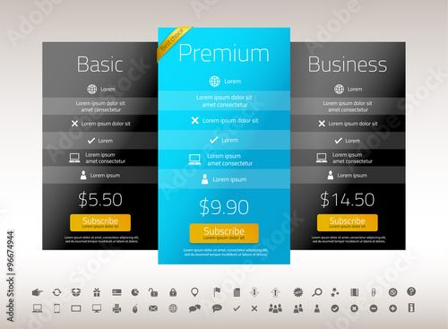 Modern pricing list with 3 options in turquoise and black colors. Set of icons included