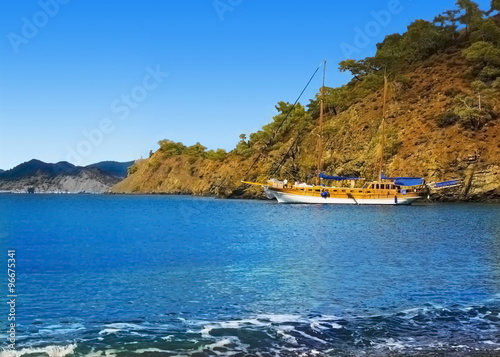 Gulet on sea coast near Fethiye. Turkey