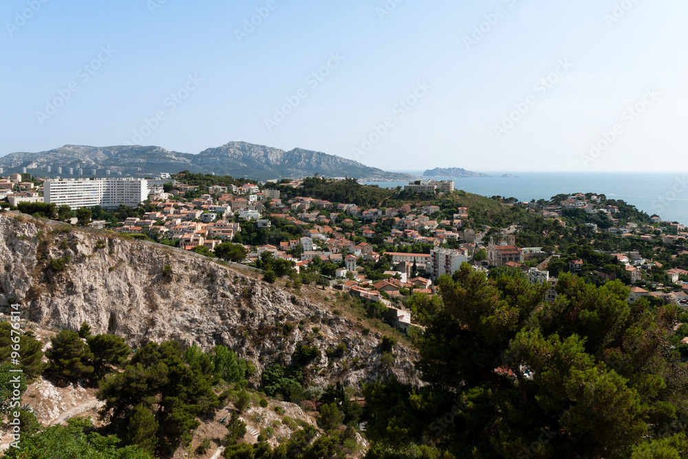 View of Marseille suburbs with hills of the calanques in background