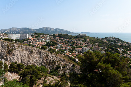 View of Marseille suburbs with hills of the calanques in background