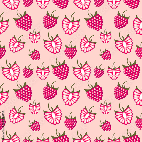 Seamless fruits vector pattern, bright color chaotic background with raspberries, whole and half, over pink backdrop
