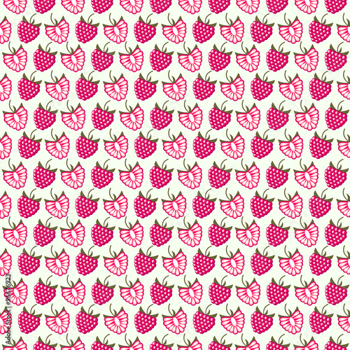 Seamless fruits vector pattern, bright symmetrical background with raspberries, whole and half, over light backdrop