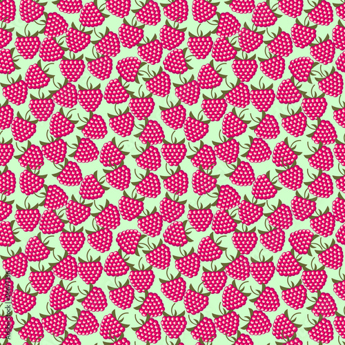 Seamless fruits vector pattern, bright pink background with raspberries, over light green backdrop