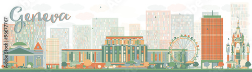 Abstract Geneva skyline with Color landmarks. Some elements have transparency mode different from normal